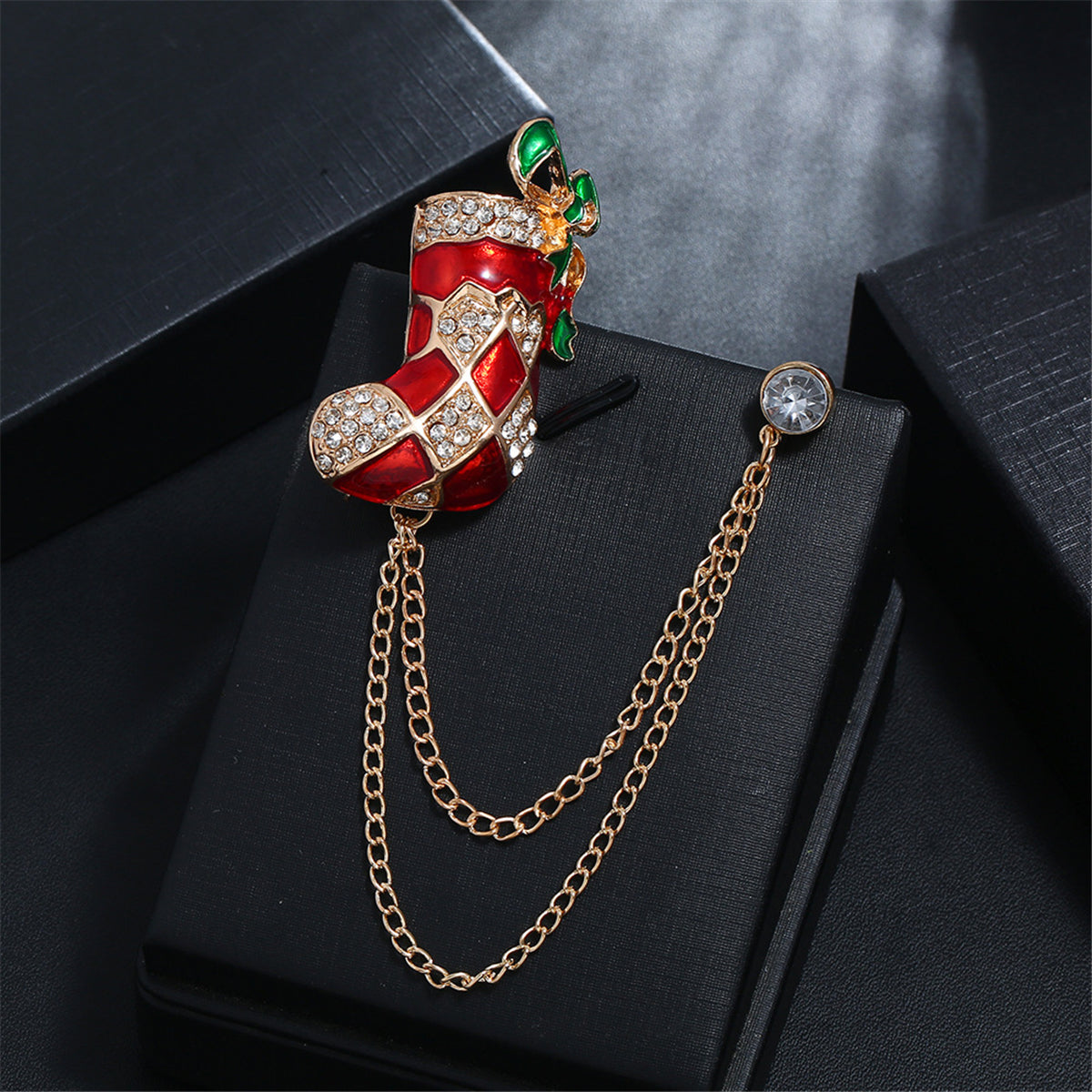 Red Enamel and Cubic Zirconia 18K Gold-Plated Stocking Boot Chain Brooch, gold brooch pin, lifestyle look