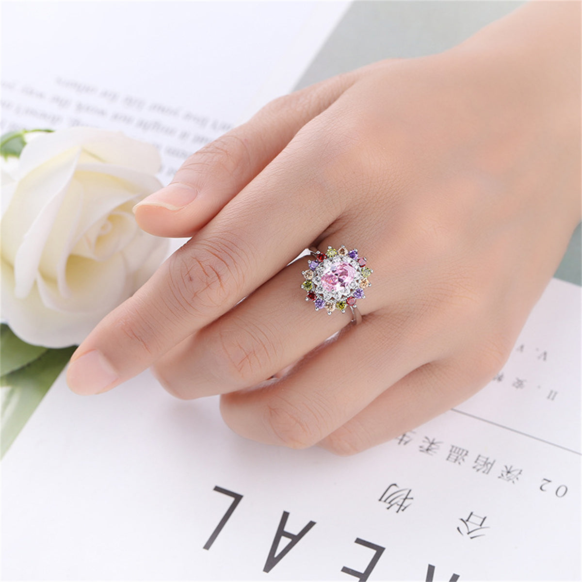 Pink Crystal & Cubic Zirconia Silver-Plated Oval-Cut Ring