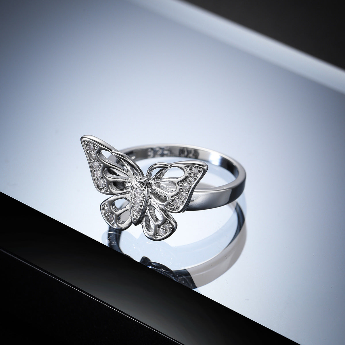 Cubic Zirconia and Silver-Plated Butterfly Ring, silver statement rings for women, elegant gift for her, detail close-up