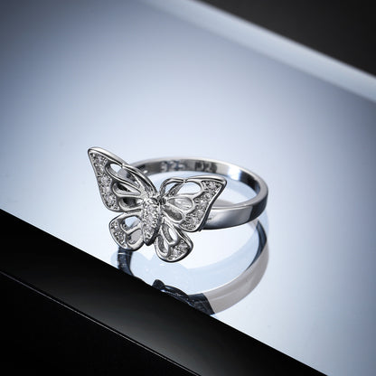 Cubic Zirconia and Silver-Plated Butterfly Ring, silver statement rings for women, elegant gift for her, detail close-up