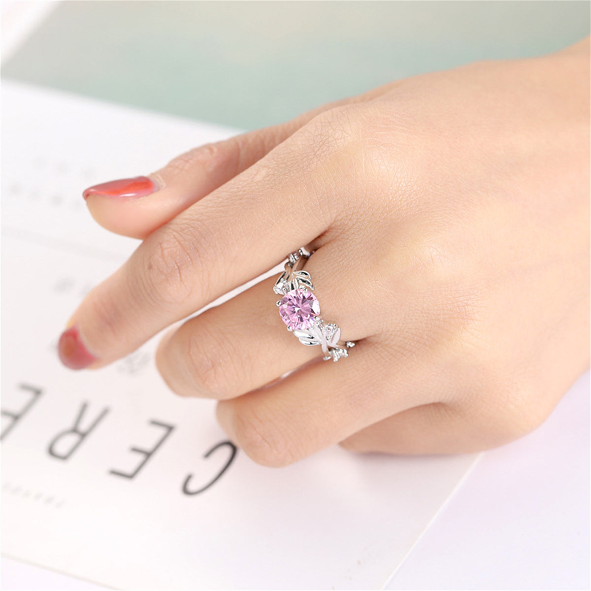 Pink Crystal and Silver-Plated Round-Cut Ring, silver statement rings for women, everyday style, styled look