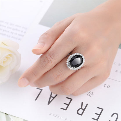 Black Crystal and Cubic Zirconia Oval Ring, statement rings for women, dainty minimalist design, lifestyle look