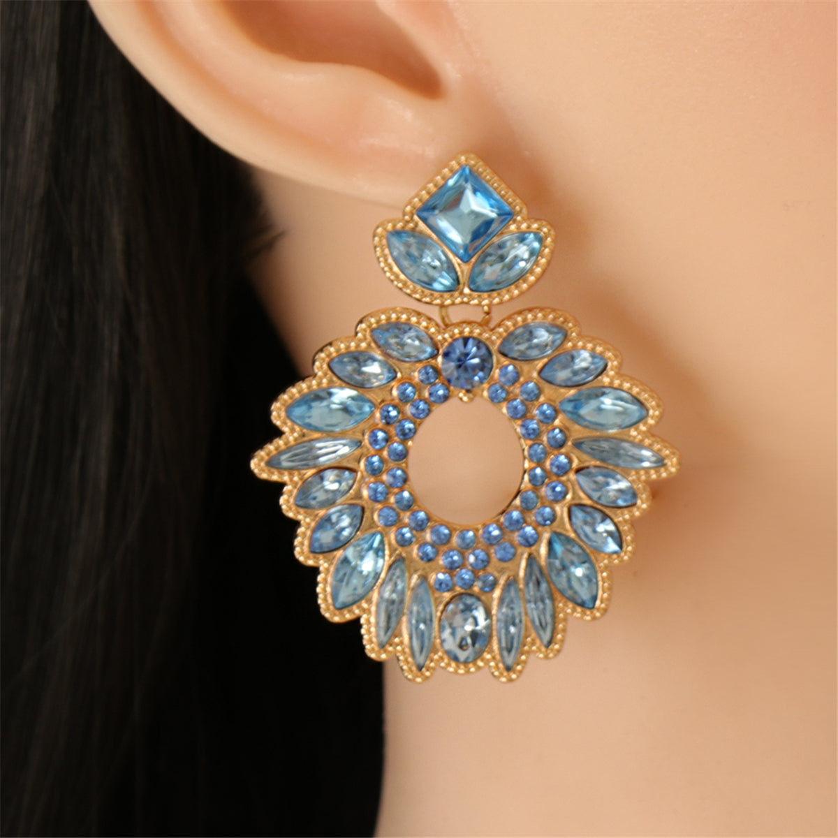 Blue Crystal and Cubic Zirconia Geometric Drop Earrings, drop earrings for women, botanical inspired, front view