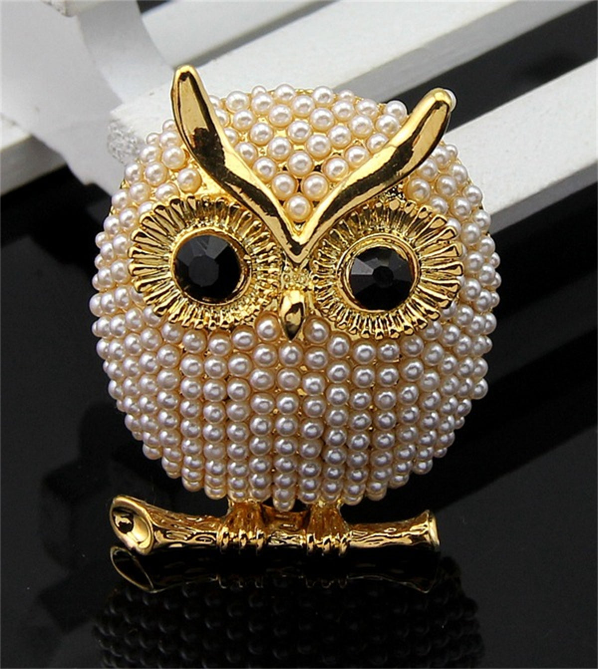Cubic Zirconia and Pearl 18K Gold-Plated Owl Brooch, gold brooch pin, dainty minimalist design, side view