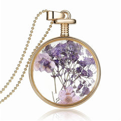 Purple Peach Blossom & Resin Round Pendant Necklace