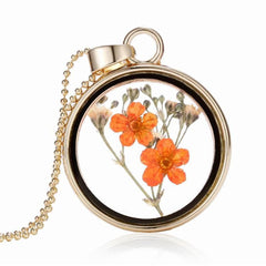 Orange Pressed Peach Blossom & 18K Gold-Plated Round Pendant Necklace