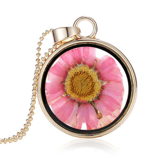 Pink Pressed Mum and 18K Gold-Plated Round Pendant Necklace, gold pendant necklace for women, front view