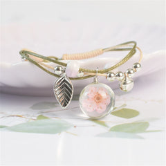 Pink Peach Blossom & Silver-Plated Leafy Bell Cord Charm Bracelet
