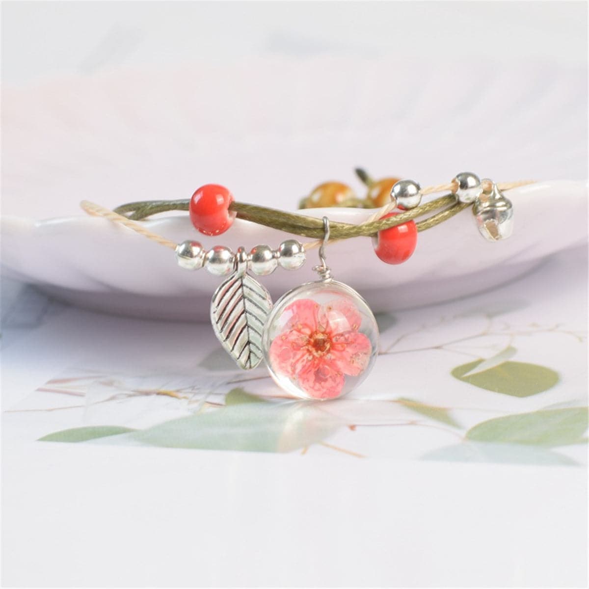 Ceramics & Red Peach Blossom Resin Bell Charm Bracelet