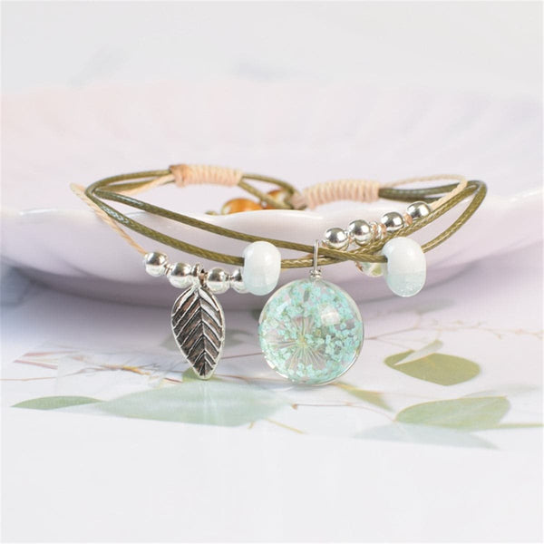 Blue Gypsophila & Silvertone Feather Bell Charm Bracelet