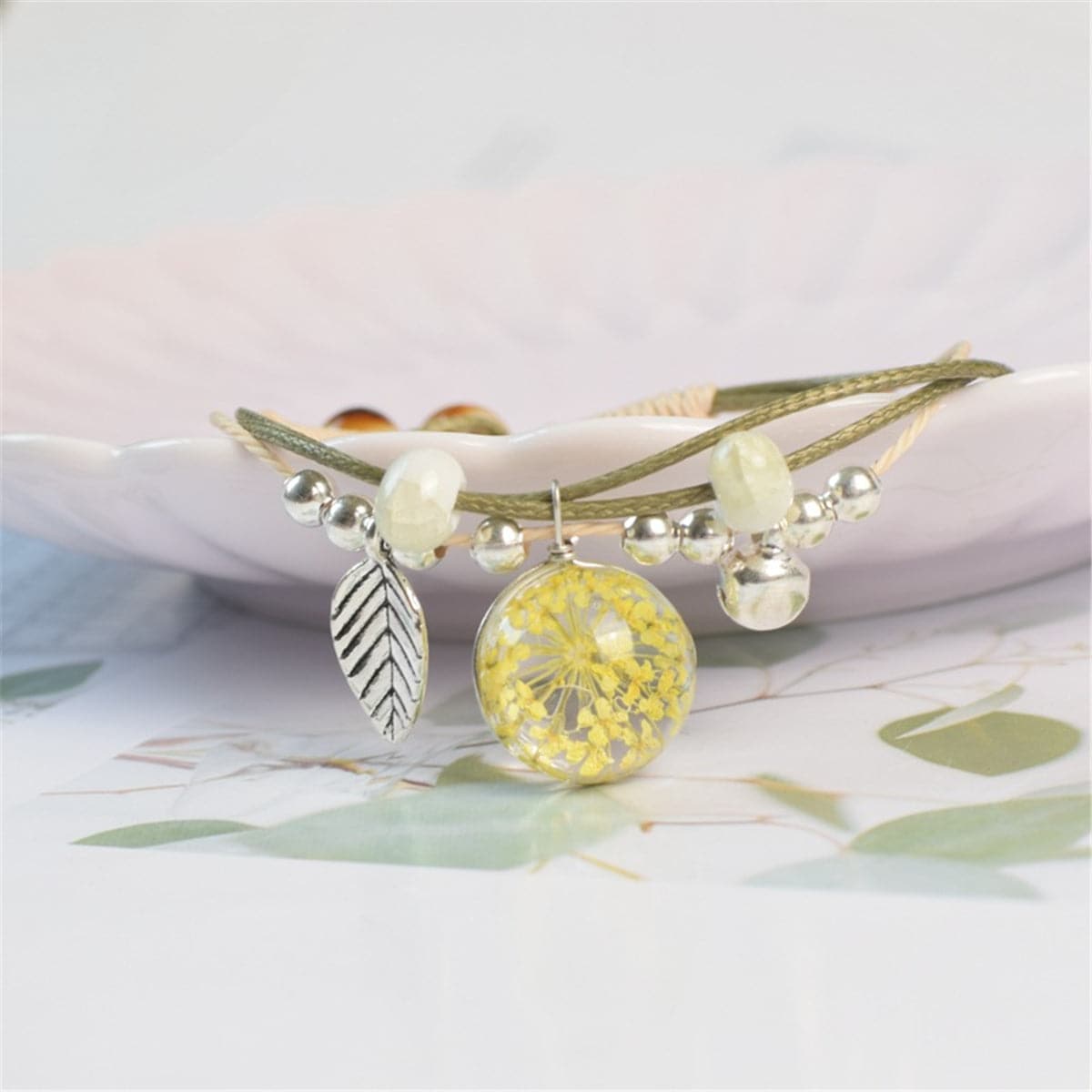 Yellow Gypsophila & Silver-Plated Bell Charm Bracelet