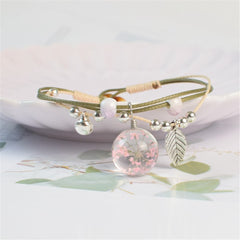 Pink Gypsophila & Silver-Plated Feather Bell Charm Bracelet