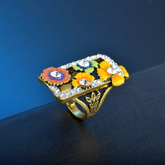 Cubic Zirconia & Enamel 18K Gold-Plated Floral Rectangle Ring