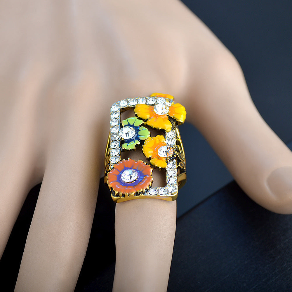 Cubic Zirconia & Enamel 18K Gold-Plated Floral Rectangle Ring