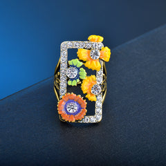 Cubic Zirconia & Enamel 18K Gold-Plated Floral Rectangle Ring