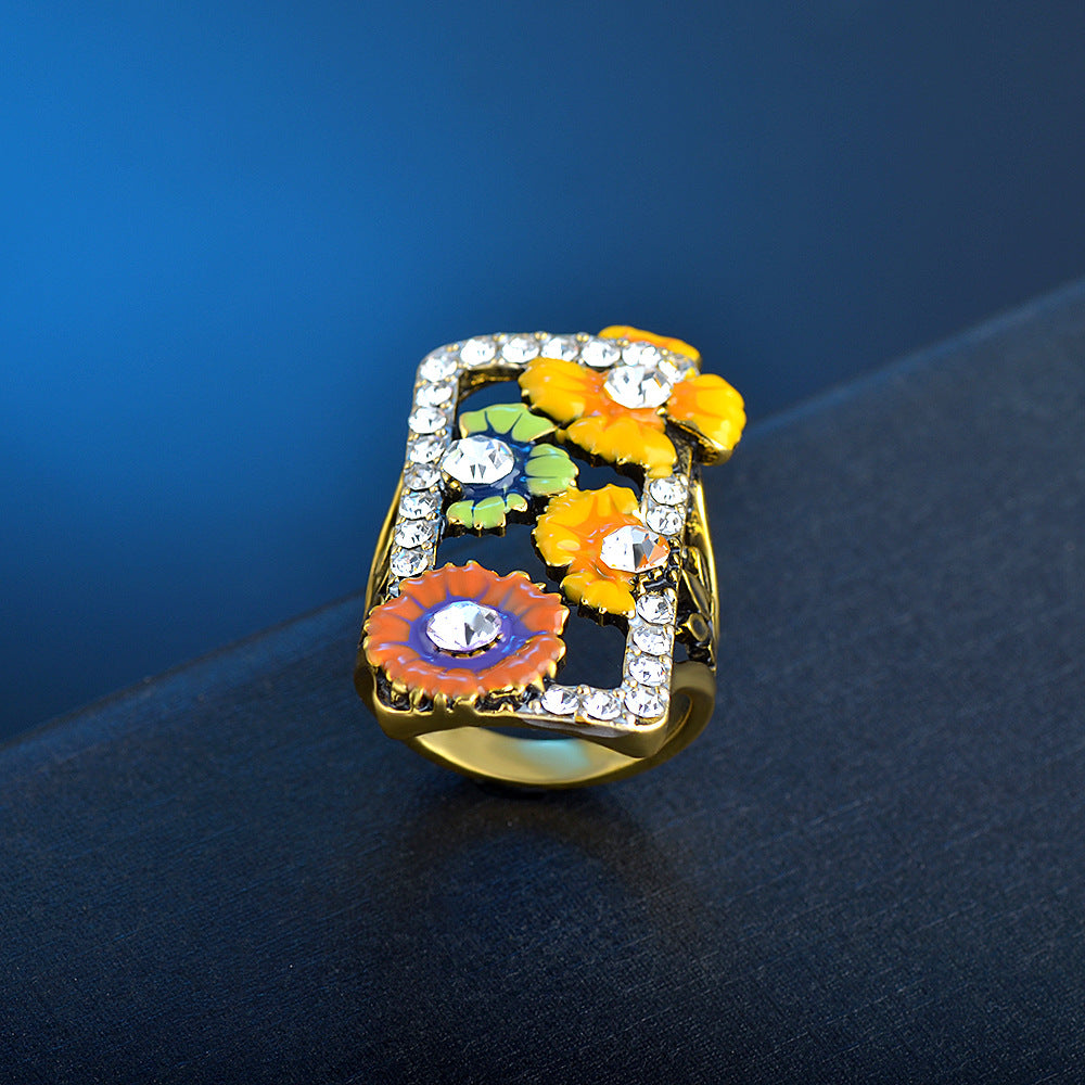 Cubic Zirconia & Enamel 18K Gold-Plated Floral Rectangle Ring