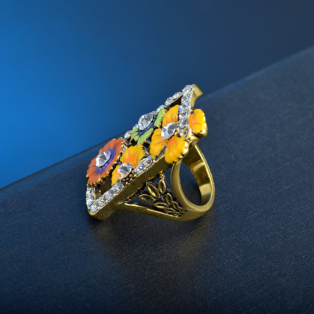 Cubic Zirconia & Enamel 18K Gold-Plated Floral Rectangle Ring