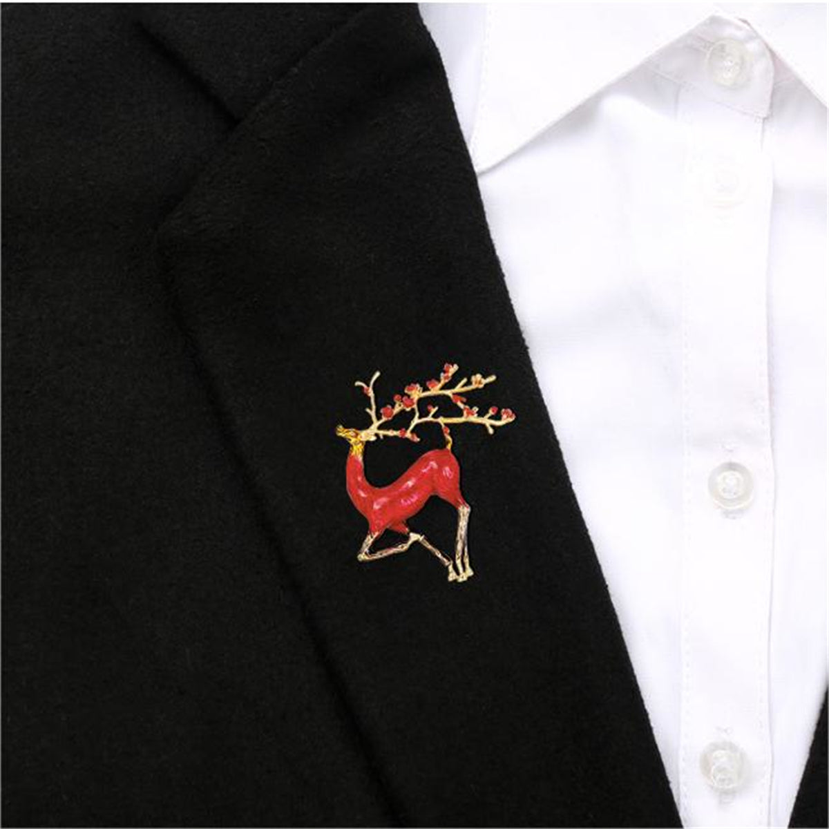 Red Enamel & 18K Gold-Plated Deer Brooch