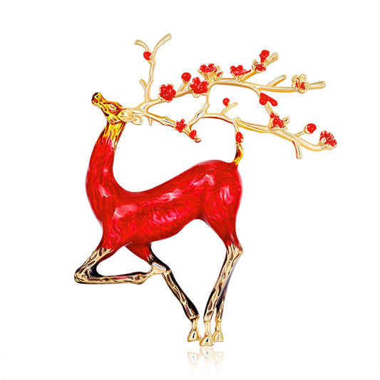 Red Enamel and 18K Gold-Plated Deer Brooch, gold brooch pin, elegant gift for her, front view