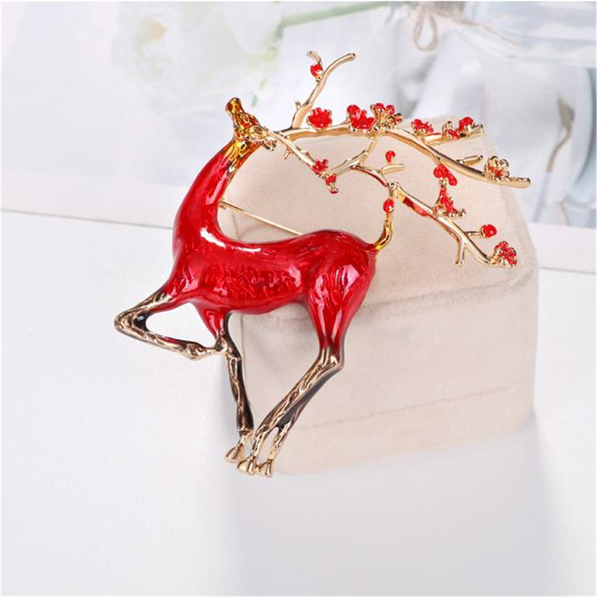 Red Enamel & 18K Gold-Plated Deer Brooch