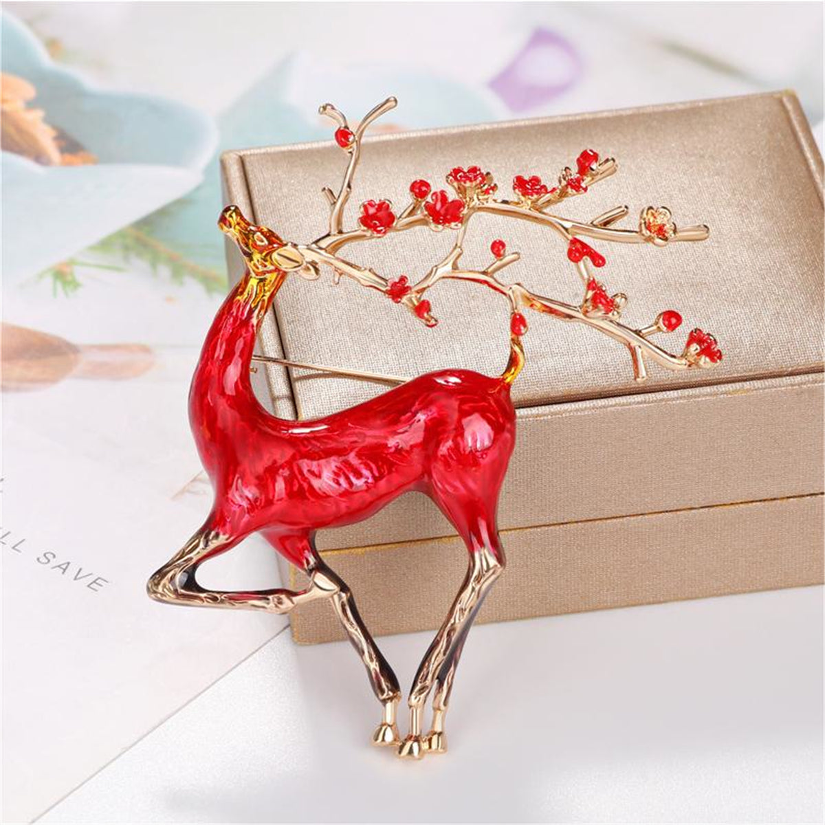 Red Enamel & 18K Gold-Plated Deer Brooch