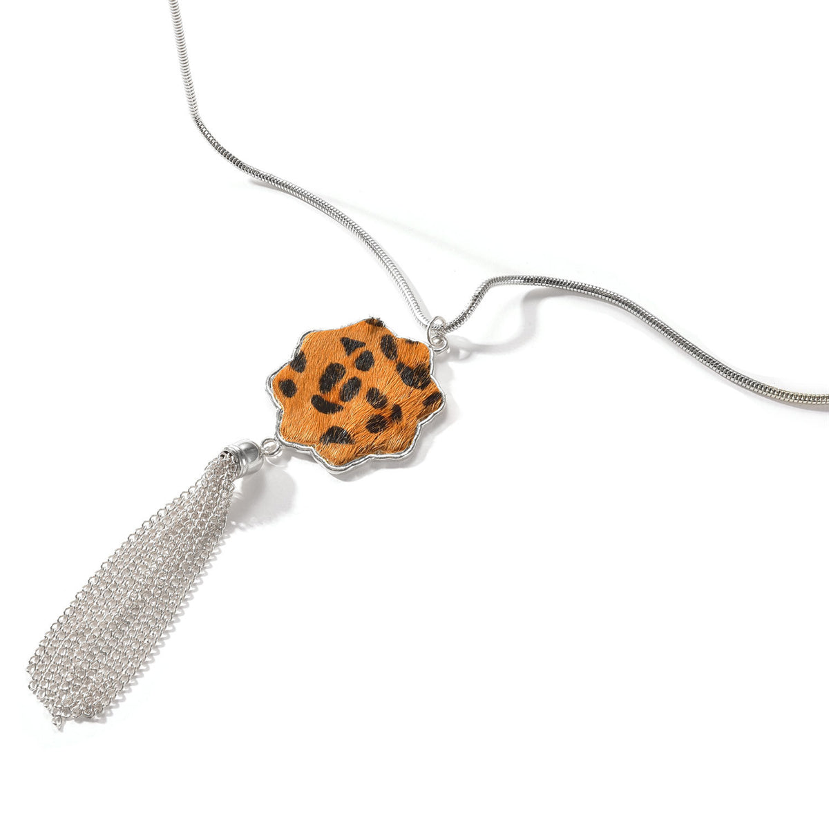 Tan Polyurethane & Silver-Plated Leopard Flower Tassel Pendant Necklace