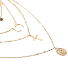 18K Gold-Plated Cross & Moon Layered Choker Necklace