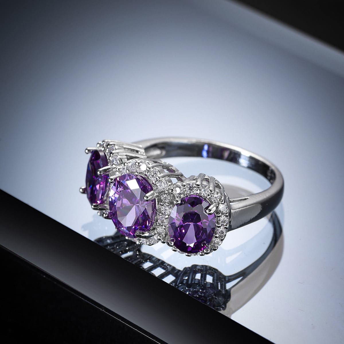 Purple Crystal and Cubic Zirconia Oval-Cut Ring, statement rings for women, elegant gift for her, front view