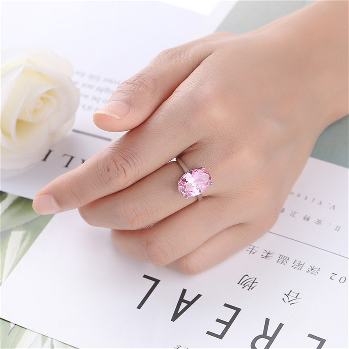 Pink Crystal & Silver-Plated Oval-Cut Ring