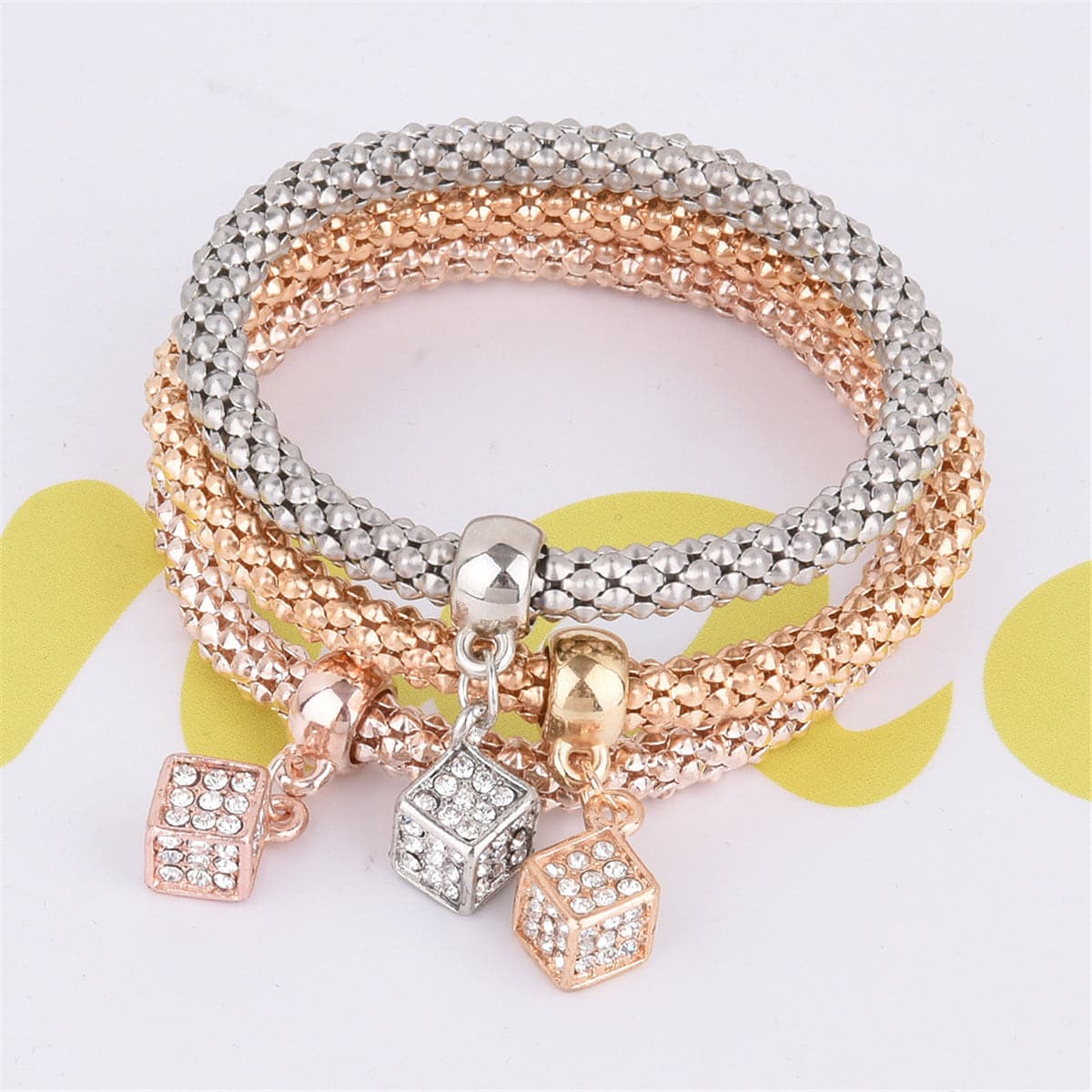Cubic Zirconia and Three-Tone Hollow Cube Charm Bracelet Set, jewelry gift sets for women, everyday style, front view