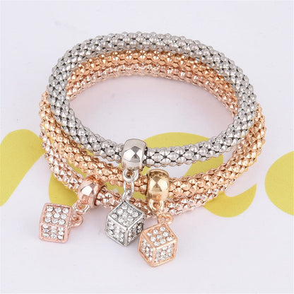 Cubic Zirconia and Three-Tone Hollow Cube Charm Bracelet Set, jewelry gift sets for women, everyday style, front view