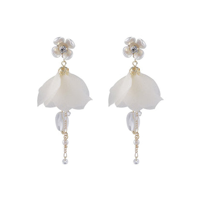Cubic Zirconia and Pearl Floral Petal Drop Earrings, drop earrings for women, vintage-inspired design, side view