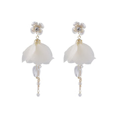 Cubic Zirconia & Pearl Floral Petal Drop Earrings