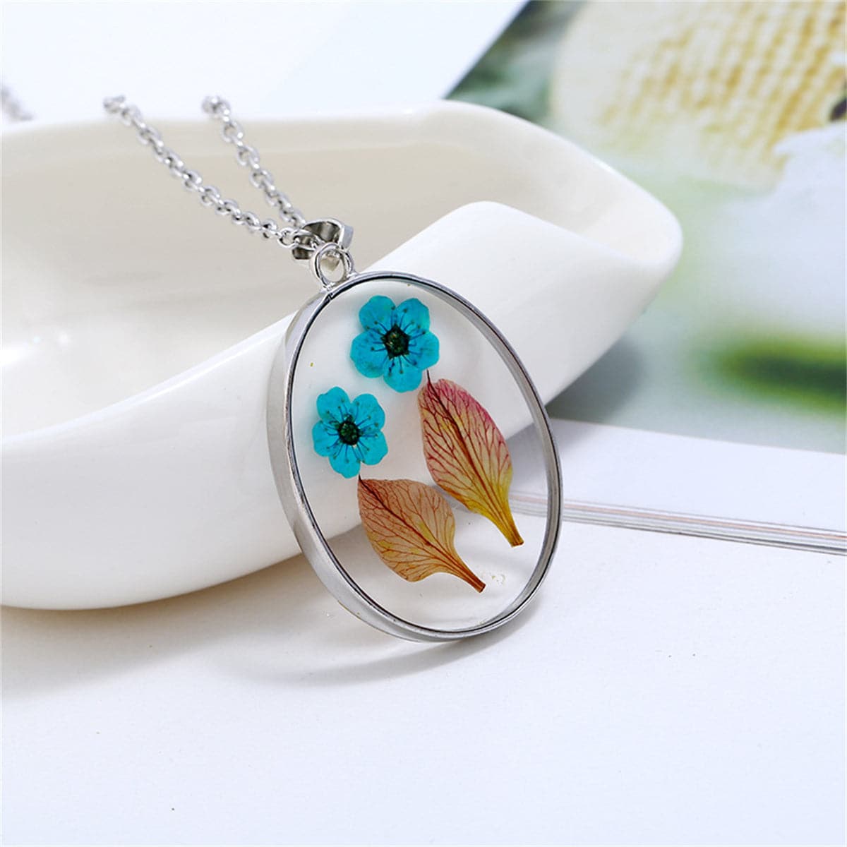 Blue and Green Pressed Flower Oval Pendant Necklace, pendant necklace for women, botanical inspired, front view