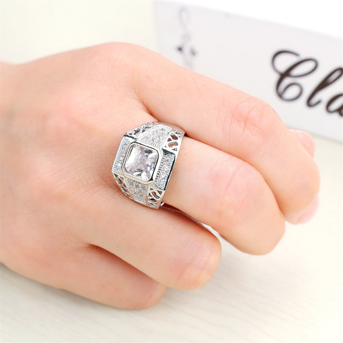 Crystal & Cubic Zirconia Openwork Bezel Cushion-Cut Ring