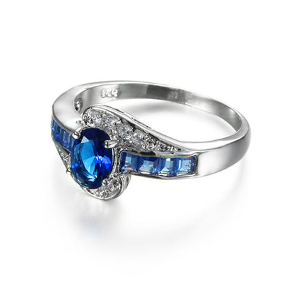 Navy Crystal and Cubic Zirconia Oval-Cut Bypass Ring, statement rings for women, elegant gift for her, front view