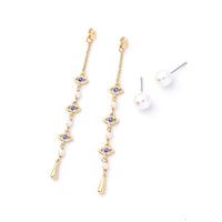 Blue Crystal & Imitation Pearl Linking Eyes Drop Earrings - streetregion
