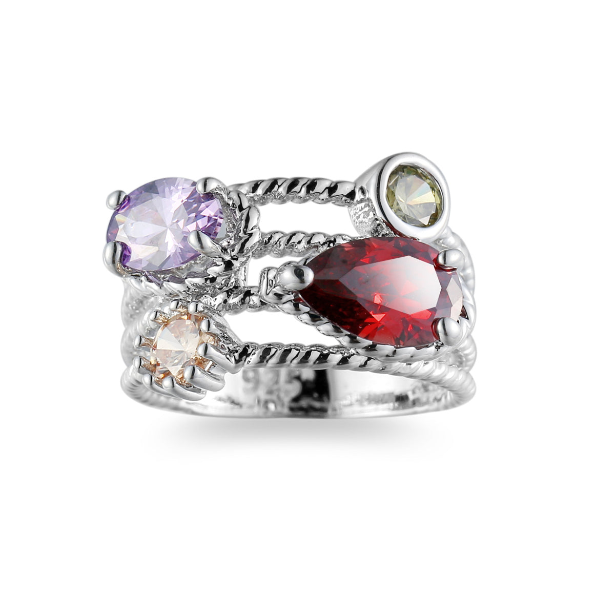 Red and Purple Cubic Zirconia and Crystal Stacked Ring, statement rings for women, everyday style, side view