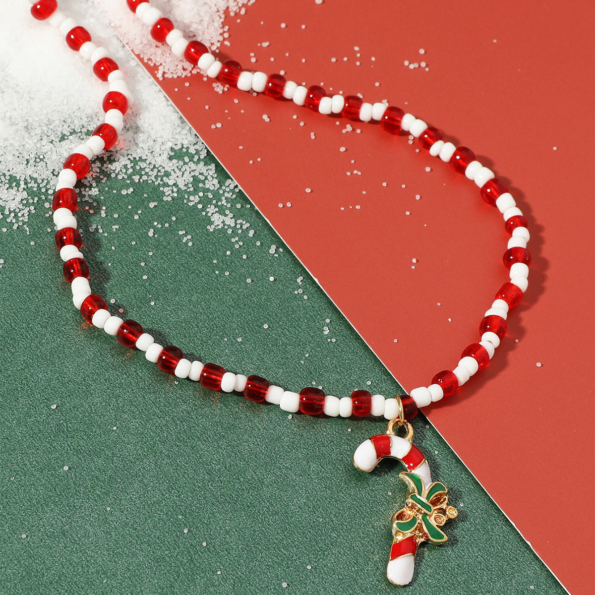 Red Acrylic & Howlite Beaded Candy Cane Pendant Necklace
