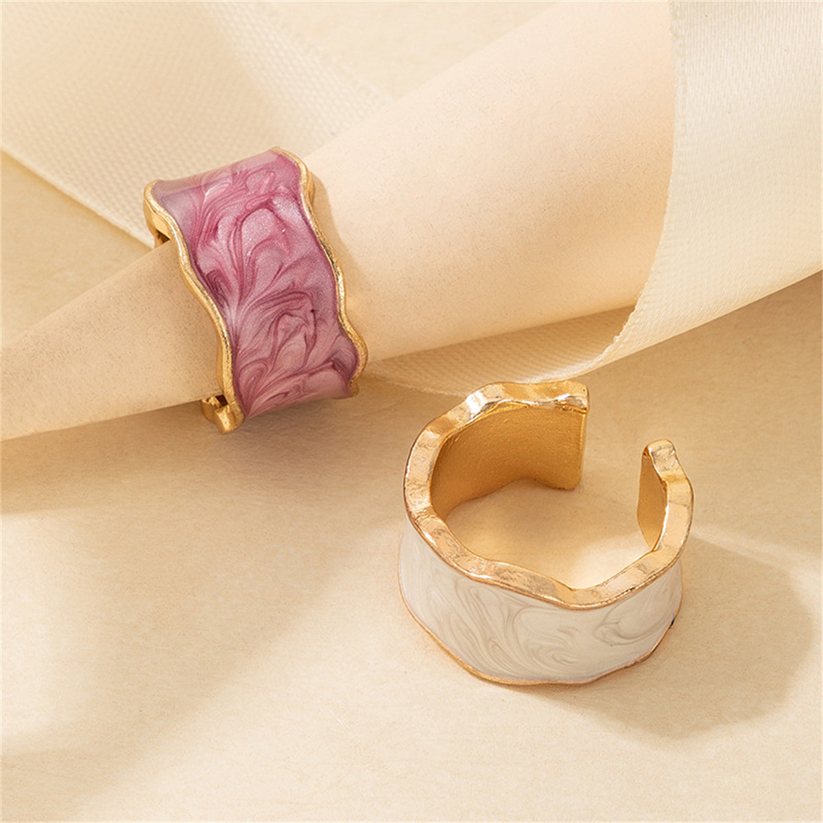 Purple & White Enamel Marbled Abstract Adjustable Band Set