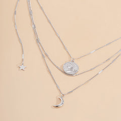 Silver-Plated Moon & Star Layered Pendant Necklace