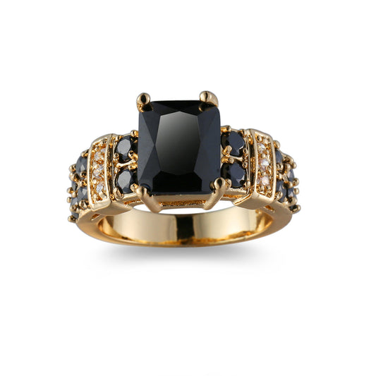 Black Crystal and Cubic Zirconia 18K Gold-Plated Multi-Row Radiant-Cut Ring, gold statement rings for women, front view