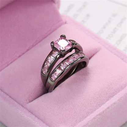 Pink Crystal and Black Stacking Ring Set, jewelry gift sets for women, botanical inspired, detail close-up