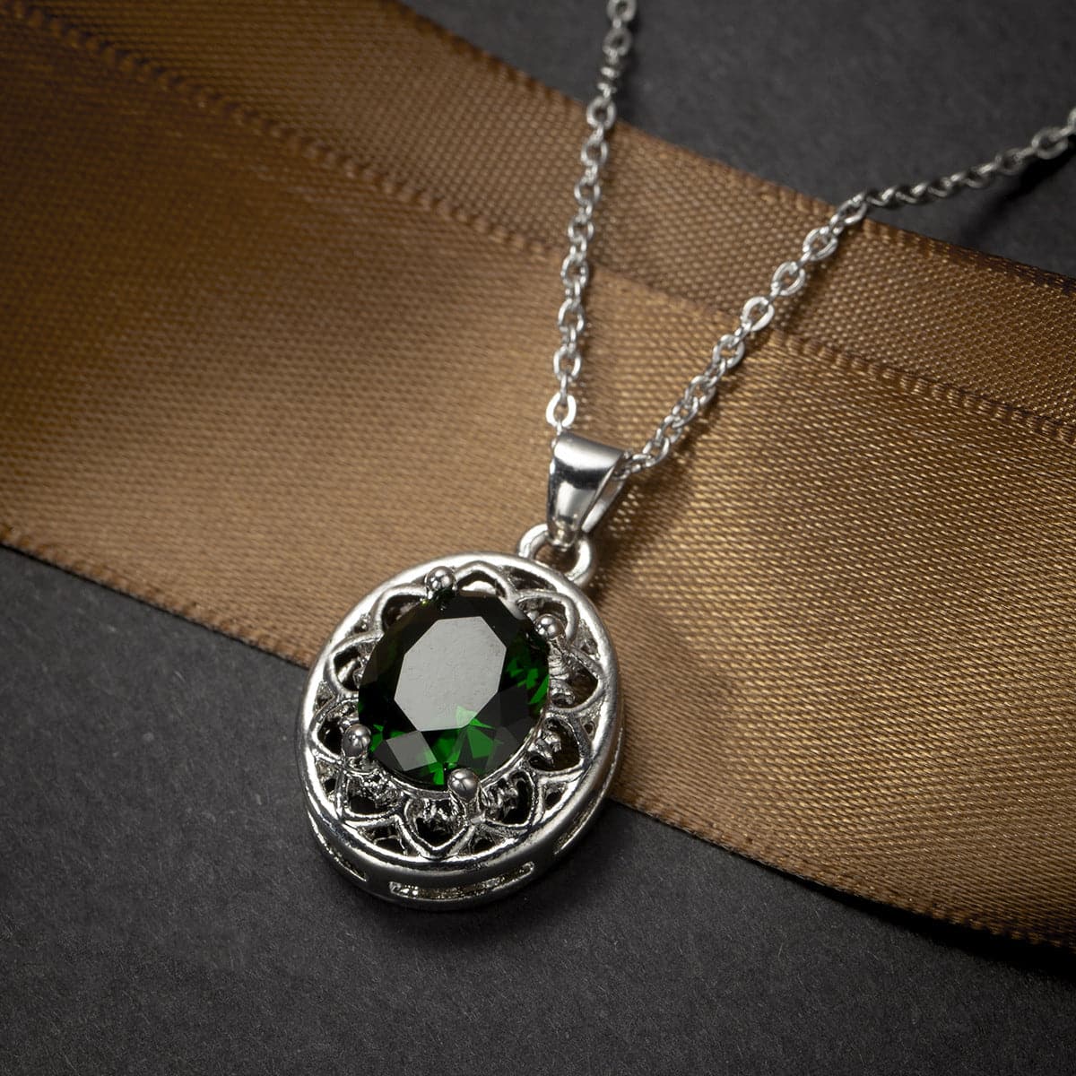 Green Crystal & Silver-Plated Floral Pendant Necklace
