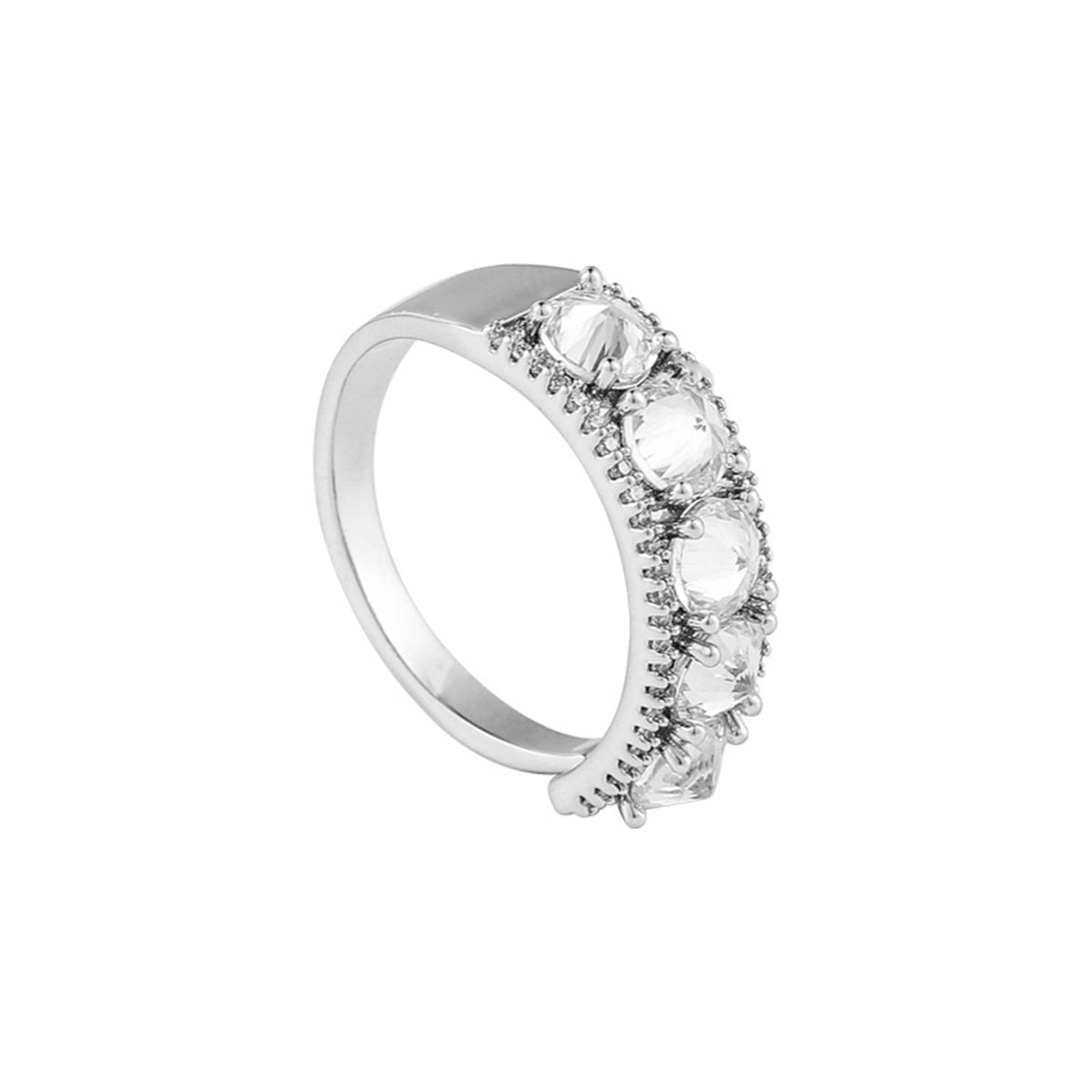 Crystal and Silver-Plated Round-Cut Channel Band Ring, silver statement rings for women, vintage-inspired design, front view