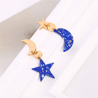 Blue & Goldtone Moon Star Asymmetrical Drop Earrings