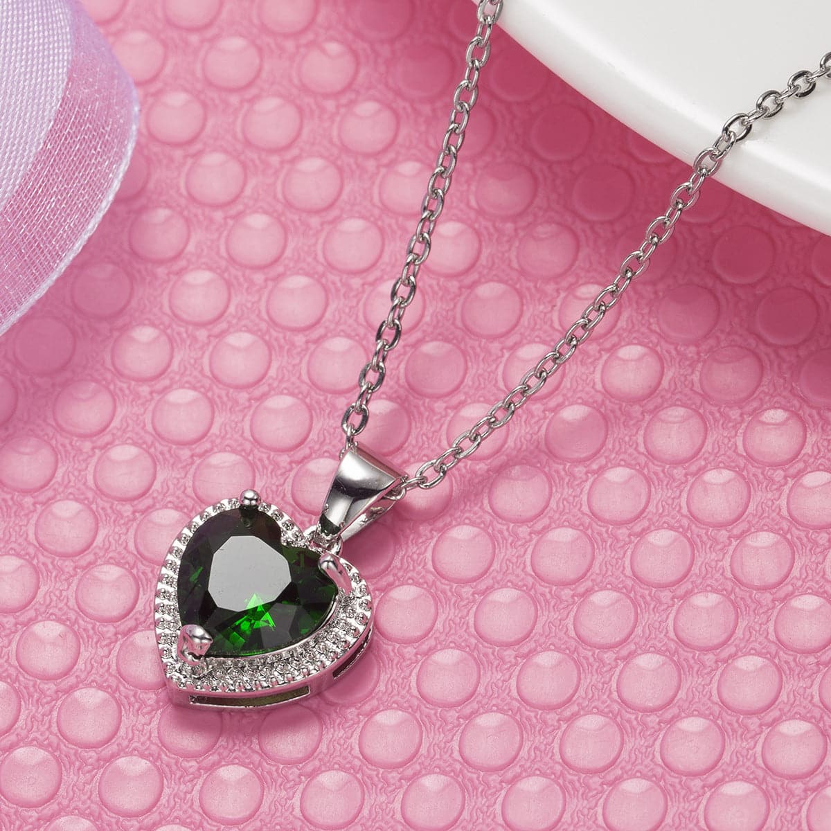 Green Crystal & Silver-Plated Heart Pendant Necklace