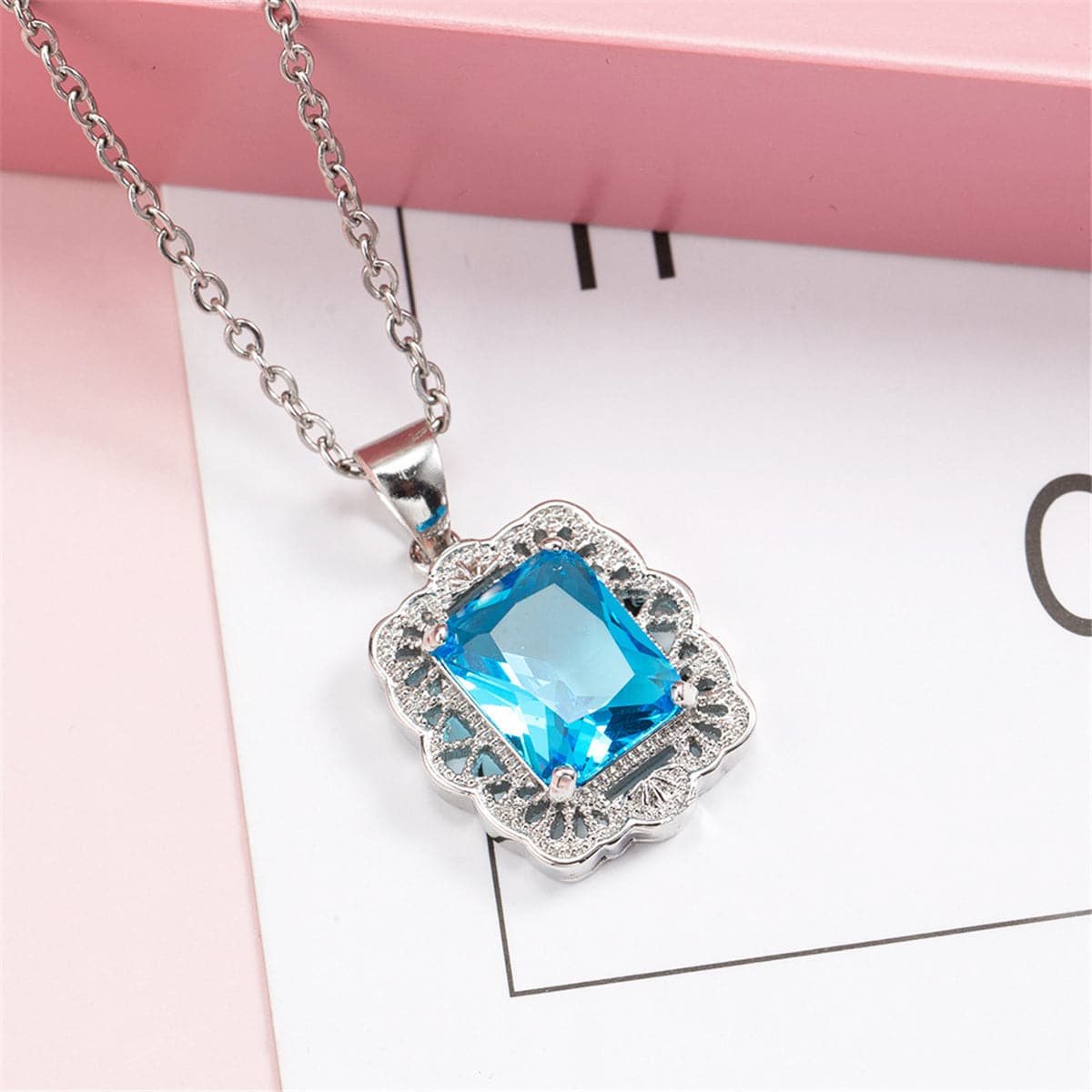 Sea Blue Crystal & Silver-Plated Filigree Princess-Cut Pendant Necklace