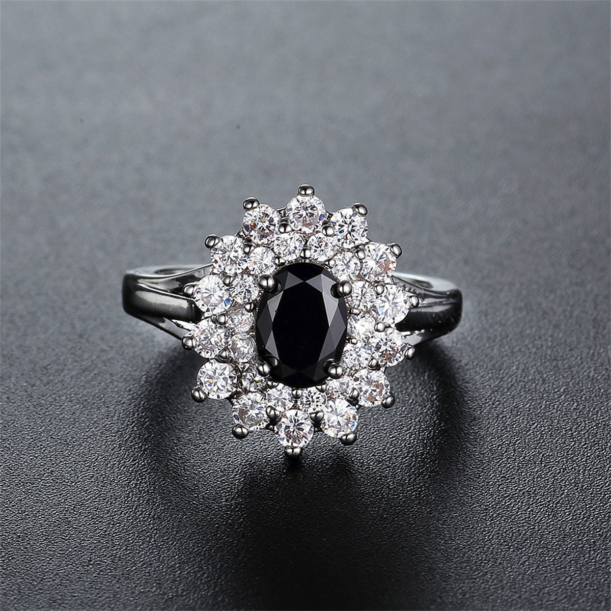 Cubic Zirconia & Black Crystal Flower Halo Ring