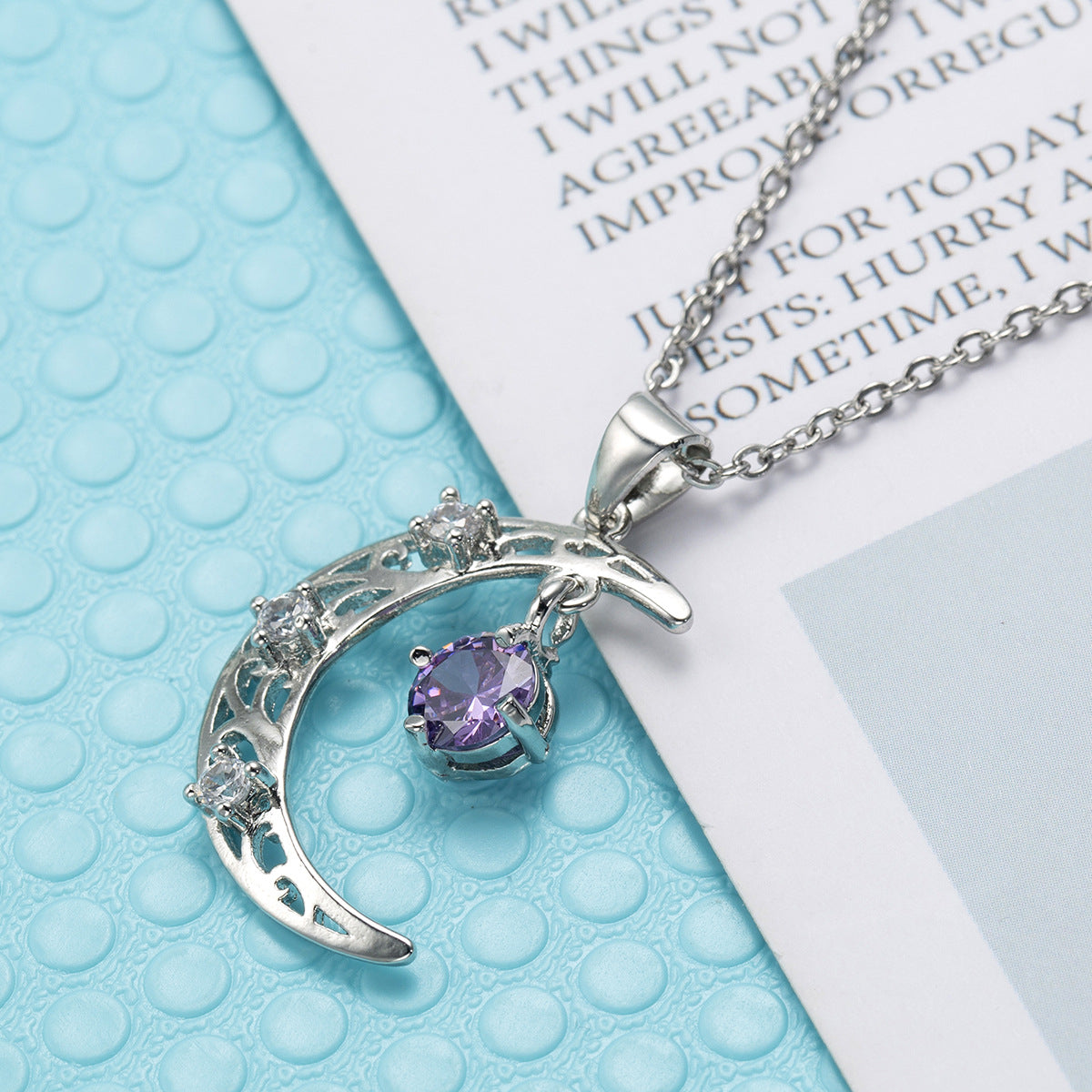 Navy Crystal & Cubic Zirconia Filigree Crescent Moon Pendant Necklace